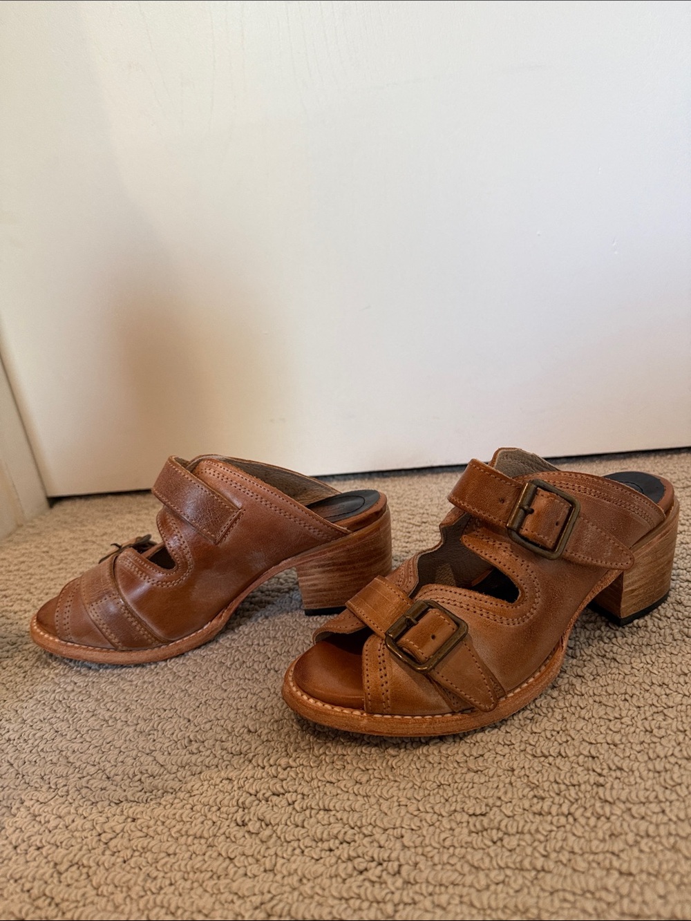 freebird Caprice Tan Leather Double-Buckle Block Heel Mules
